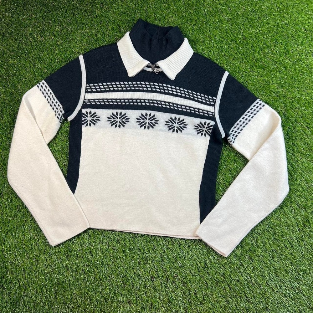 NILS Skiwear Vintage Nordic Snowflake Ski Sweater Small Blk Ivory Wool Blend 90s